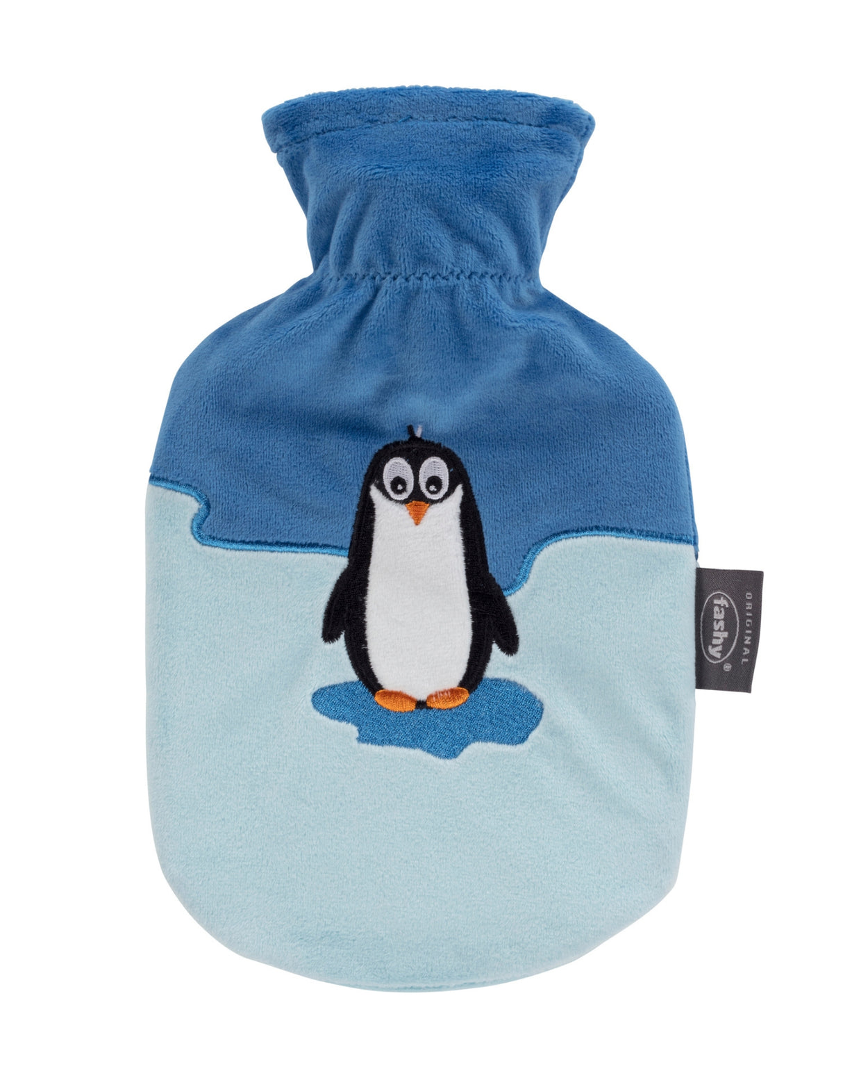 Fashy 0.8 Litre Hot Water Bottle with Pino Penguin Plush Cover - Blue