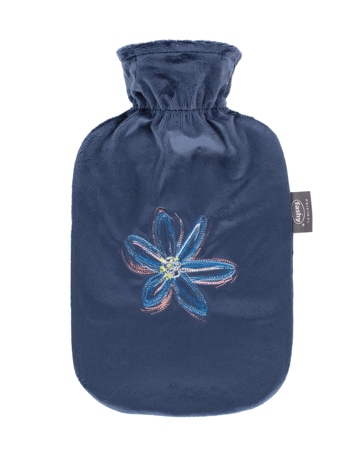 Fashy 2 Litre Hot Water Bottle with Floral Plush Cover - Navy