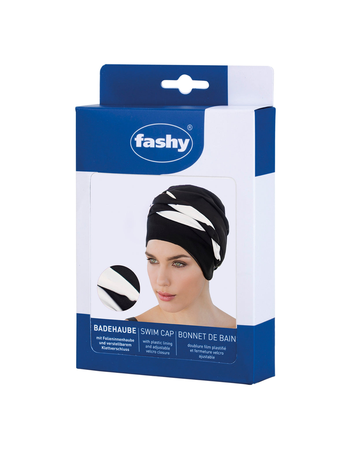 Fashy Braid Fabric Swim Cap - Black/White - Packaging