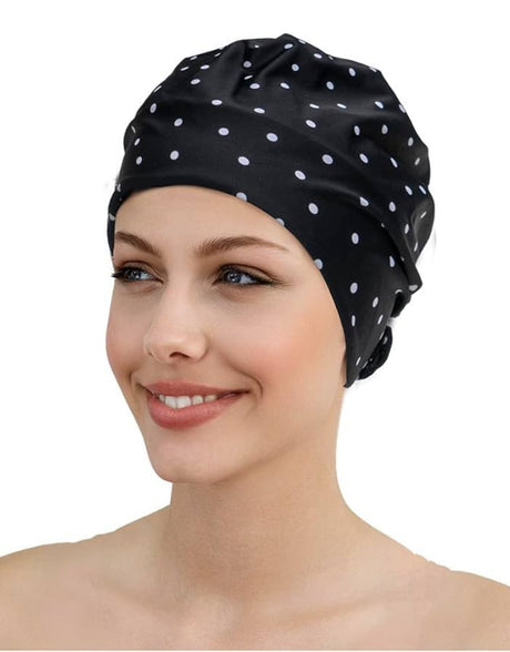 Fashy Polka Dot Fabric Swim Cap - Black/White - Model