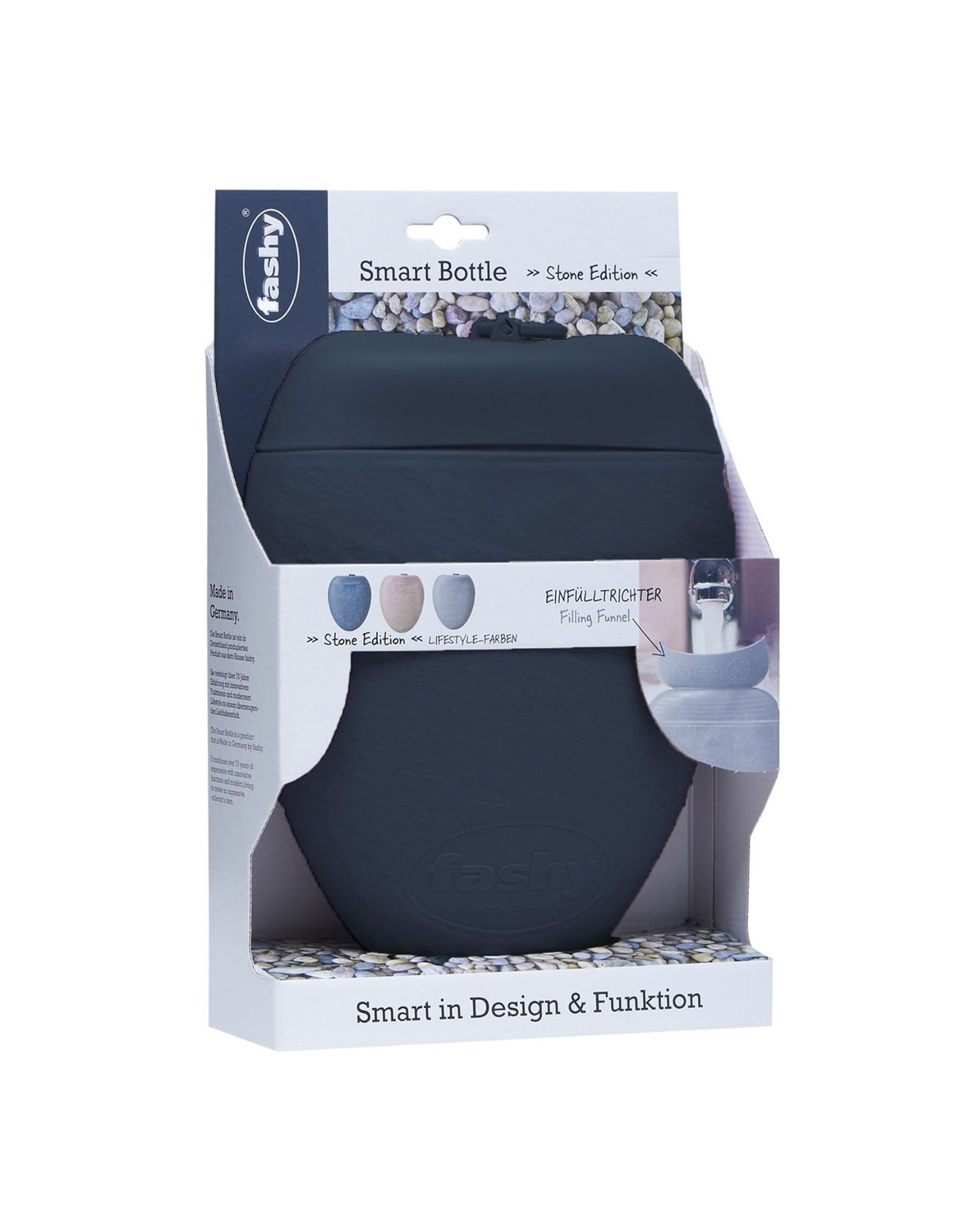 Fashy 1.8 Litre Smart Hot Water Bottle - Stone Edition - Blue Grey - Packaging