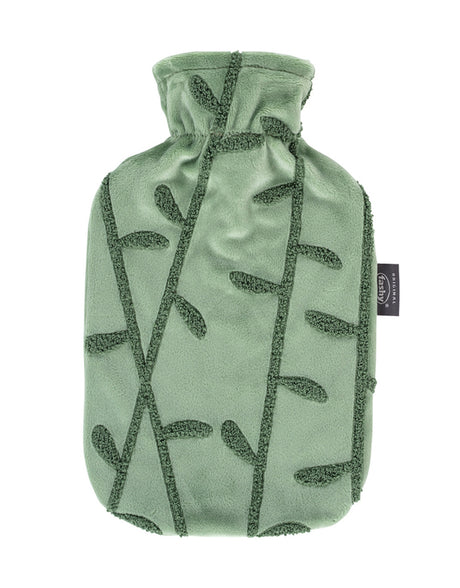 Fashy 2 Litre Hot Water Bottle with Leafy Plush Cover - Green