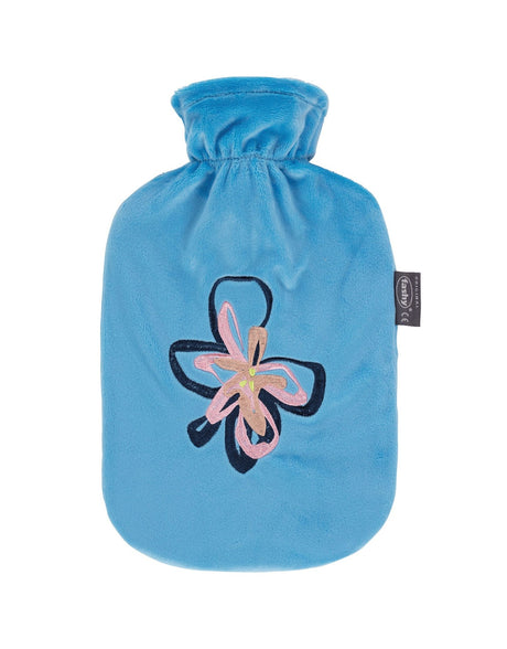 Fashy 2 Litre Hot Water Bottles with Floral Fleece Cover - Sky Blue