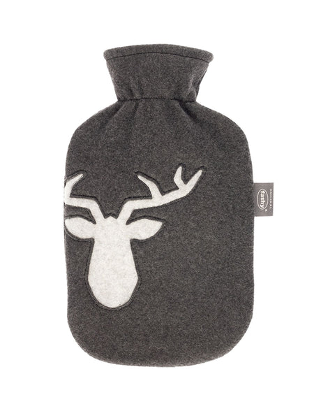 Fashy 2 Litre Hot Water Bottles with Reindeer Fleece Cover - Grey